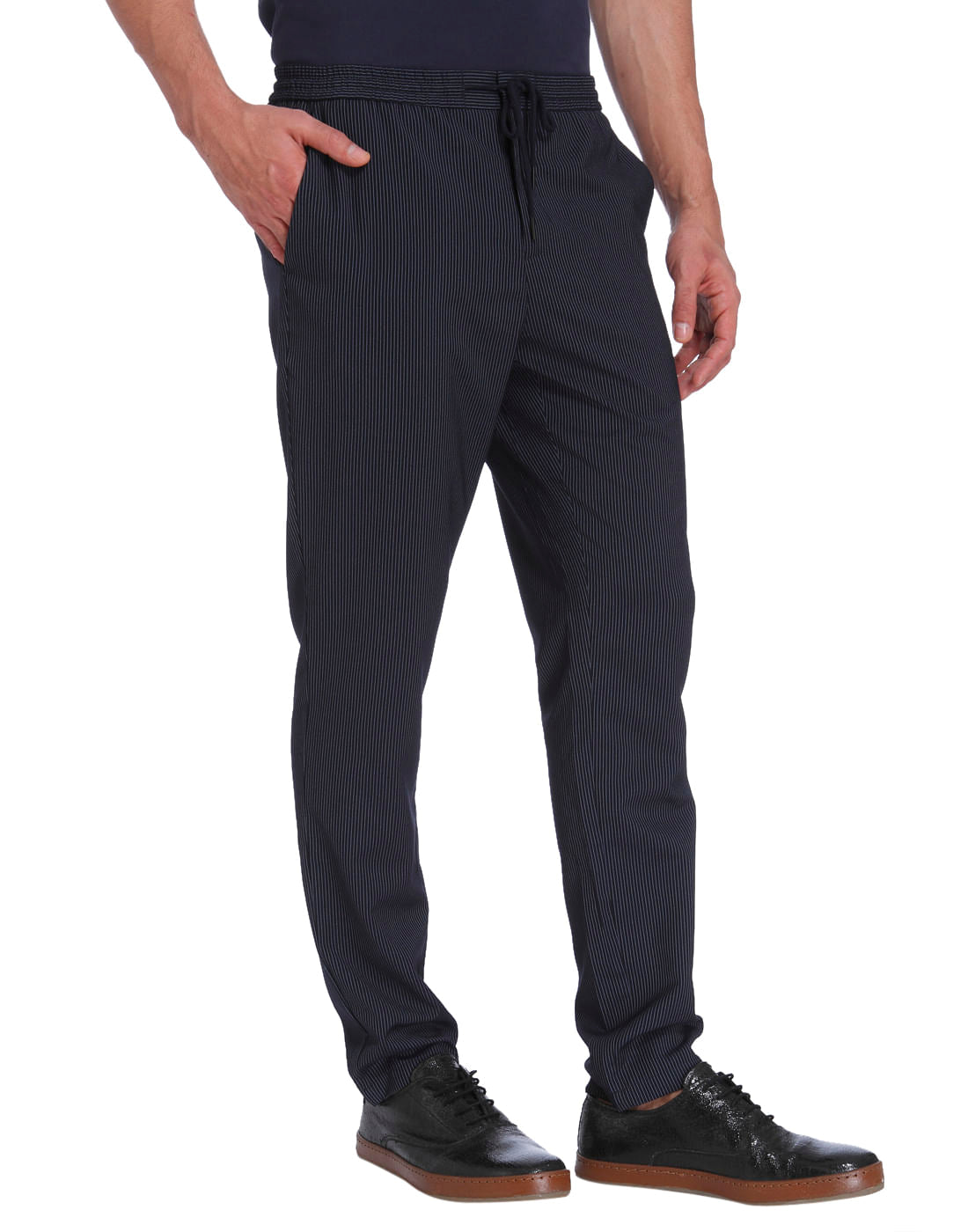 Dark Blue Striped Drawstring Slim Sweatpants
