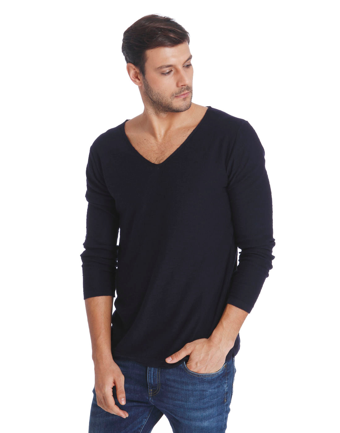 Dark Blue V-Neck Knit Pullover