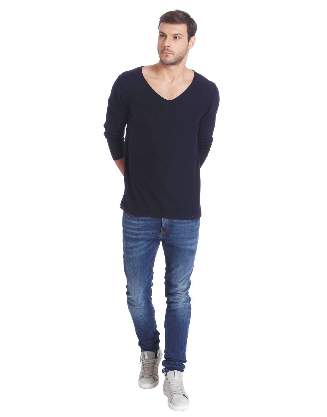 Dark Blue V-Neck Knit Pullover