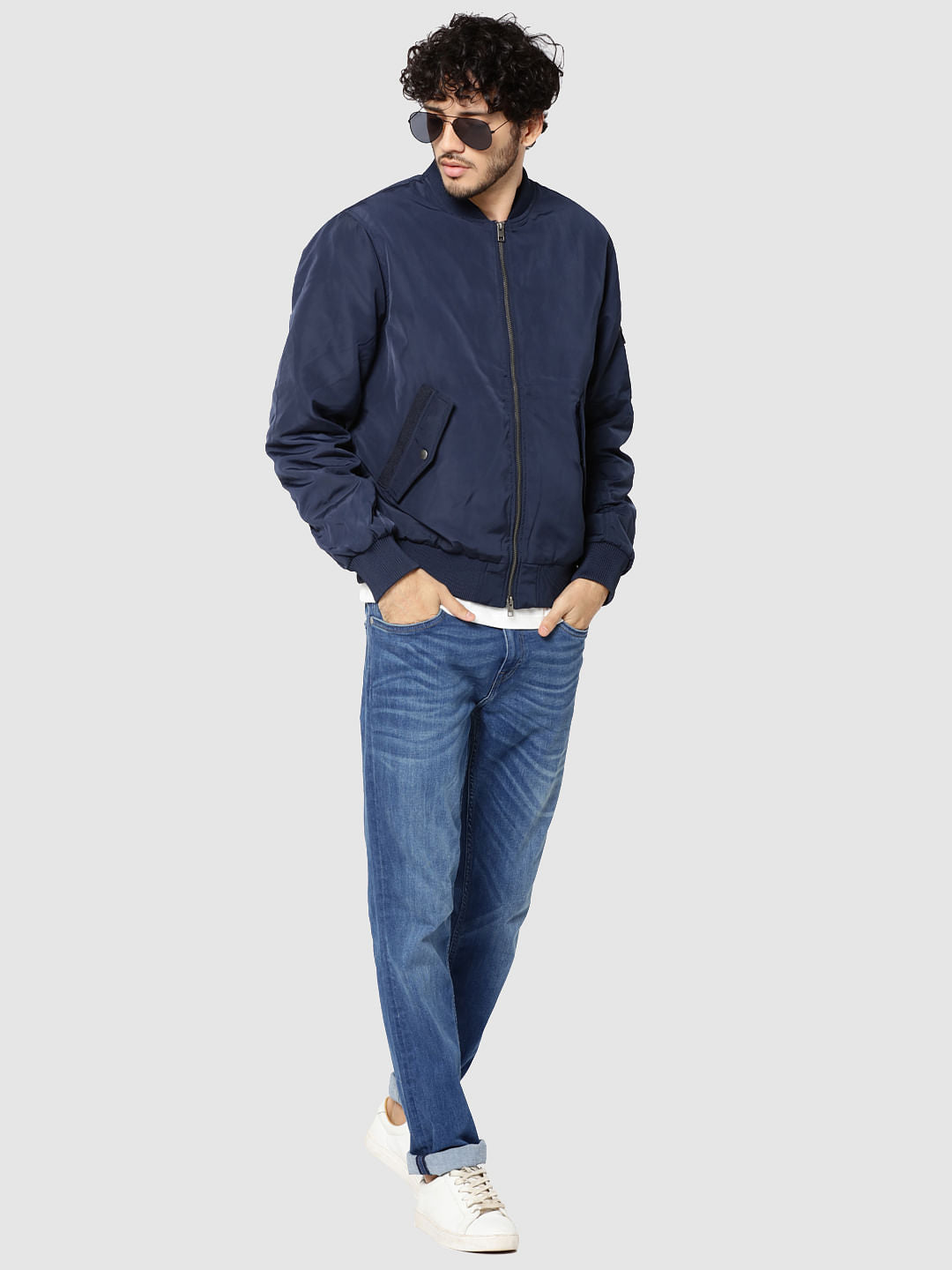Dark Blue Ruched Sleeves Bomber Jacket