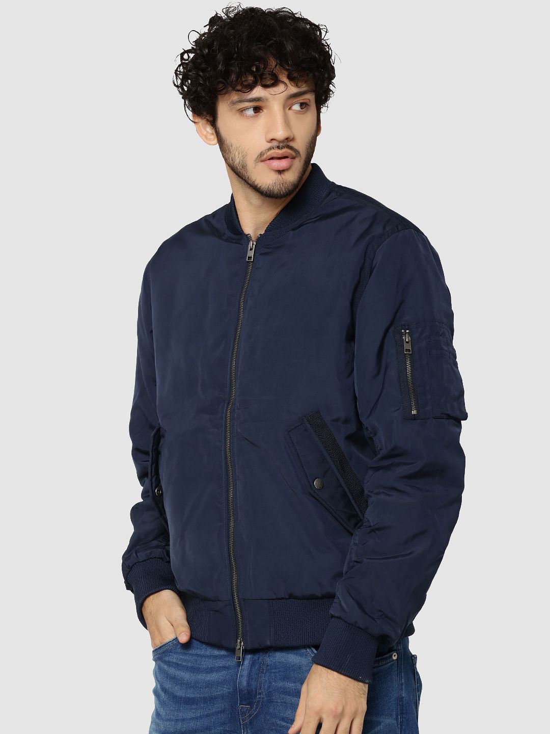 Dark Blue Ruched Sleeves Bomber Jacket
