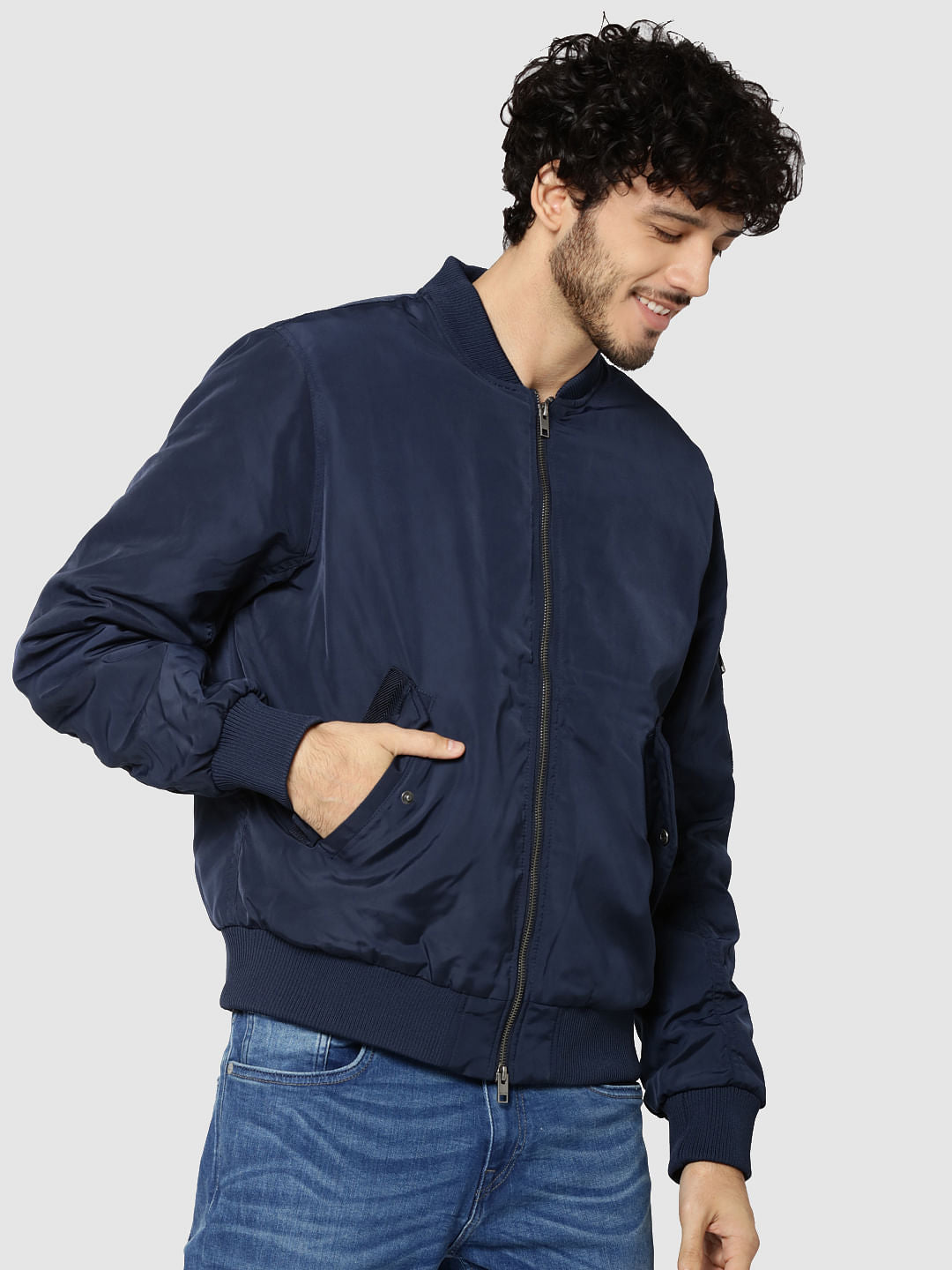 Dark Blue Ruched Sleeves Bomber Jacket