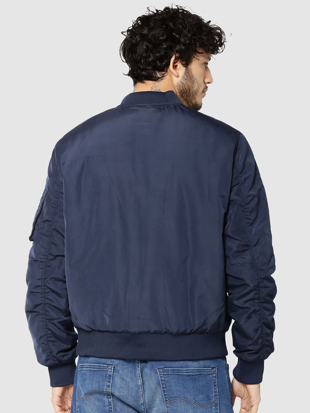 Dark Blue Ruched Sleeves Bomber Jacket