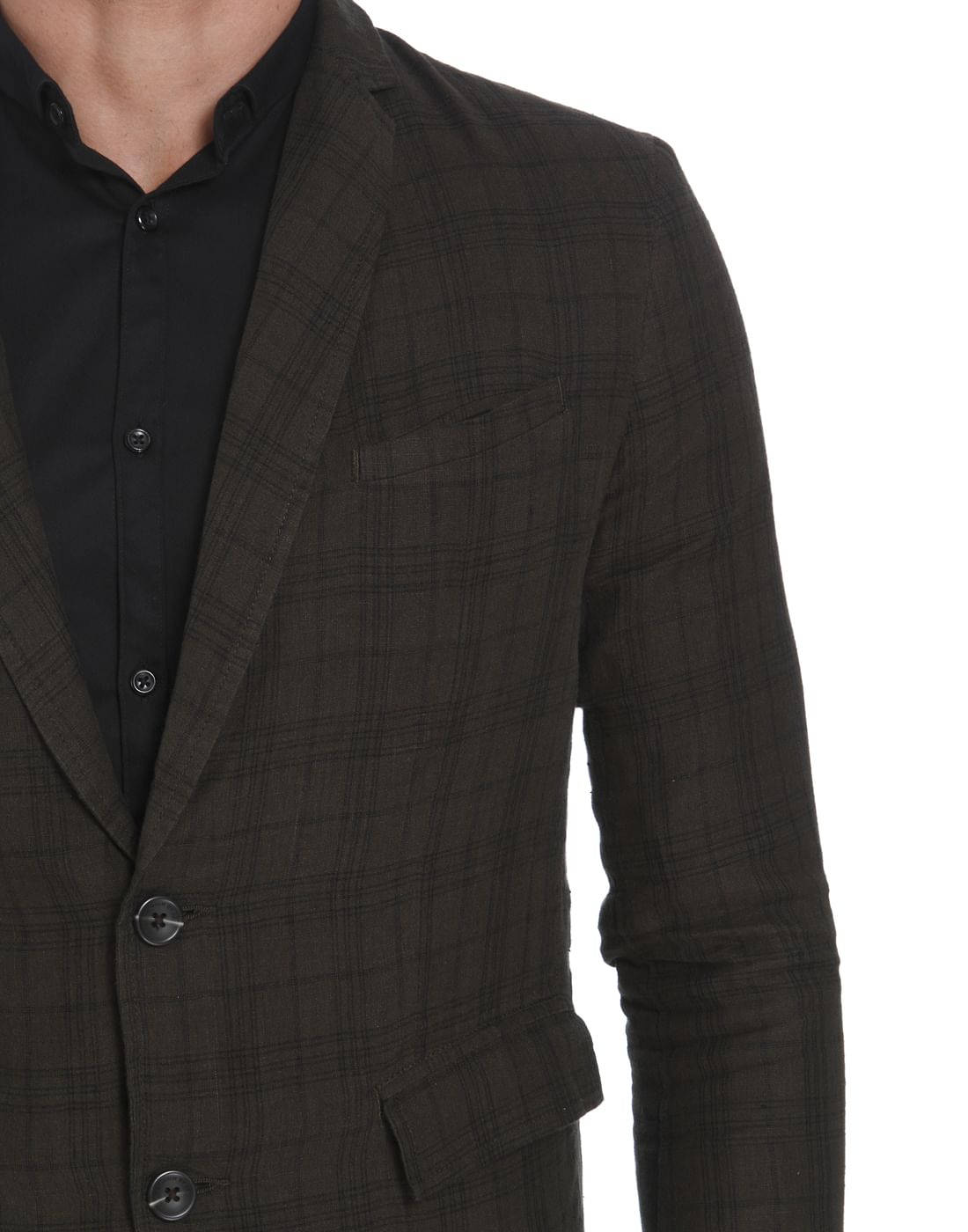 Olive Green Check Linen Blazer