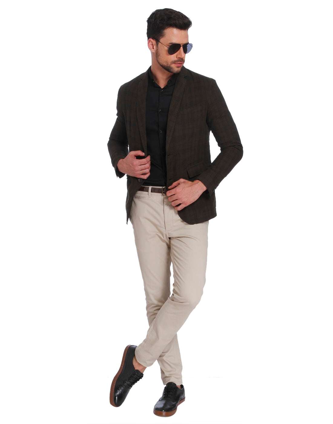 Olive Green Check Linen Blazer