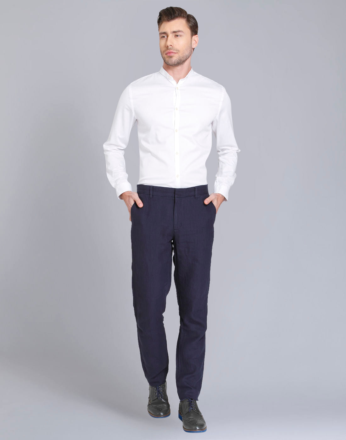 Dark Blue Regular Fit Linen Trousers