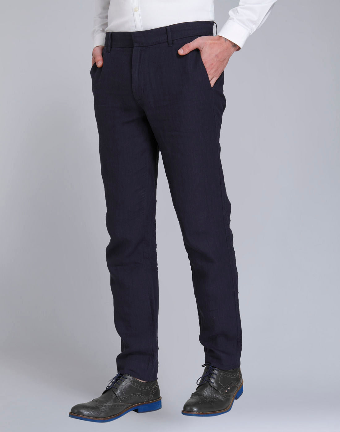 Dark Blue Regular Fit Linen Trousers