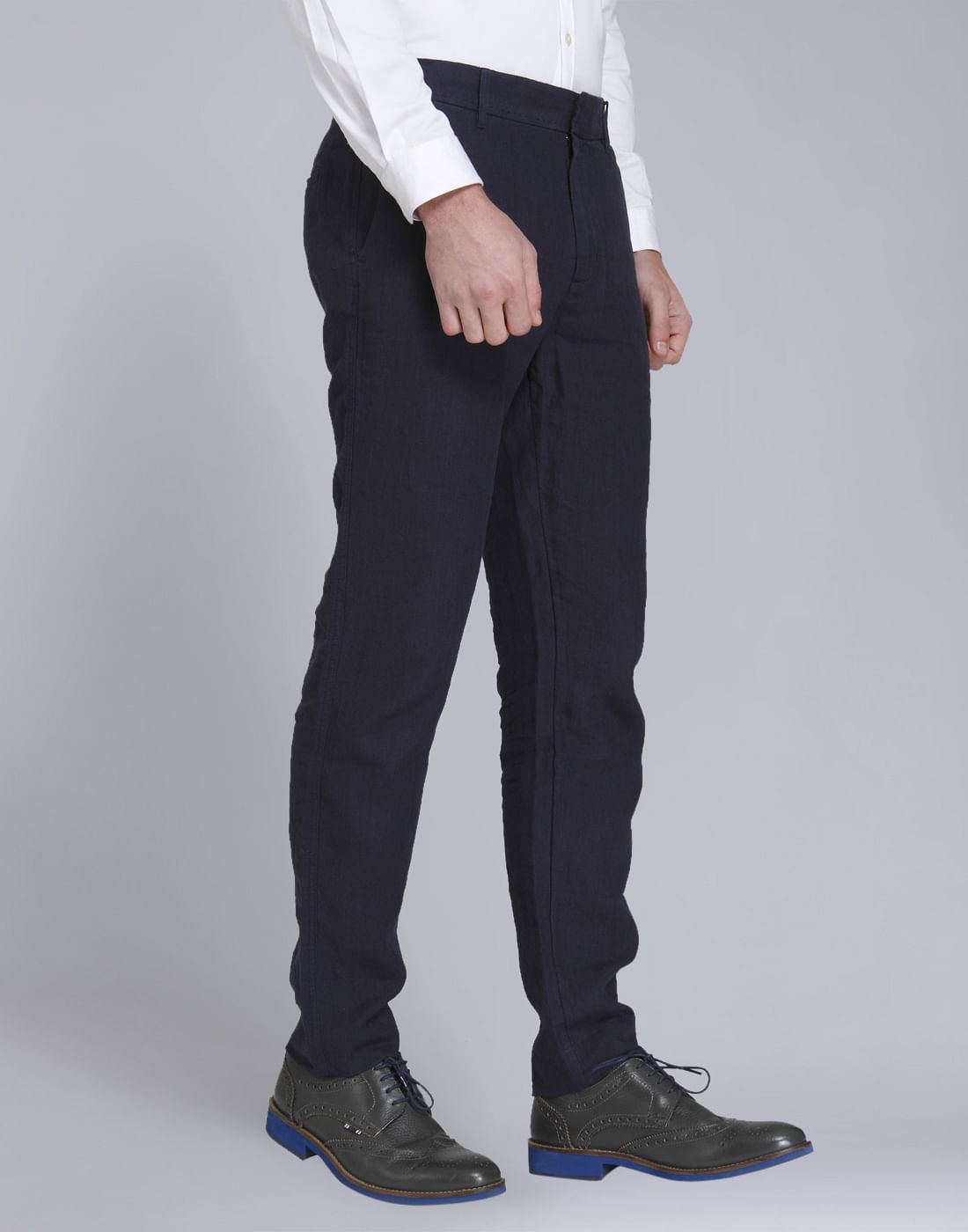 Dark Blue Regular Fit Linen Trousers