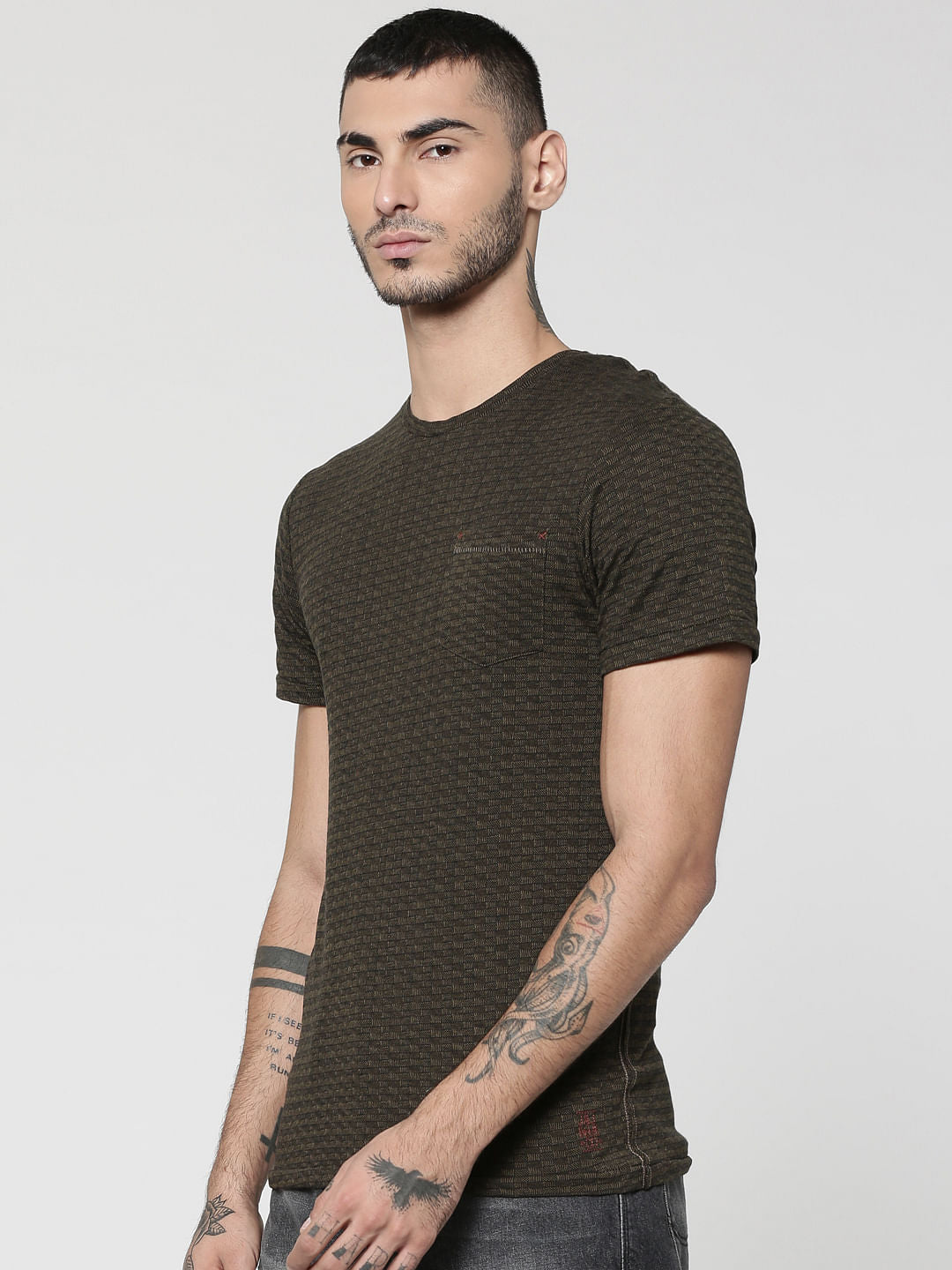 Dark Green Jacquard Crew Neck T-Shirt
