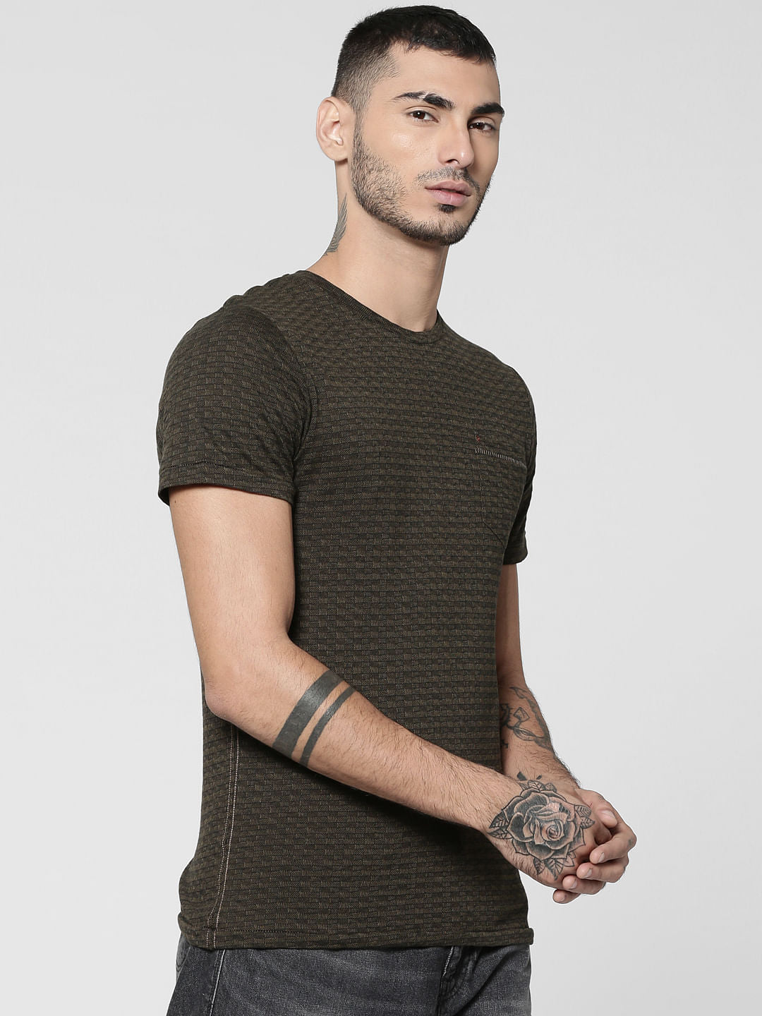 Dark Green Jacquard Crew Neck T-Shirt