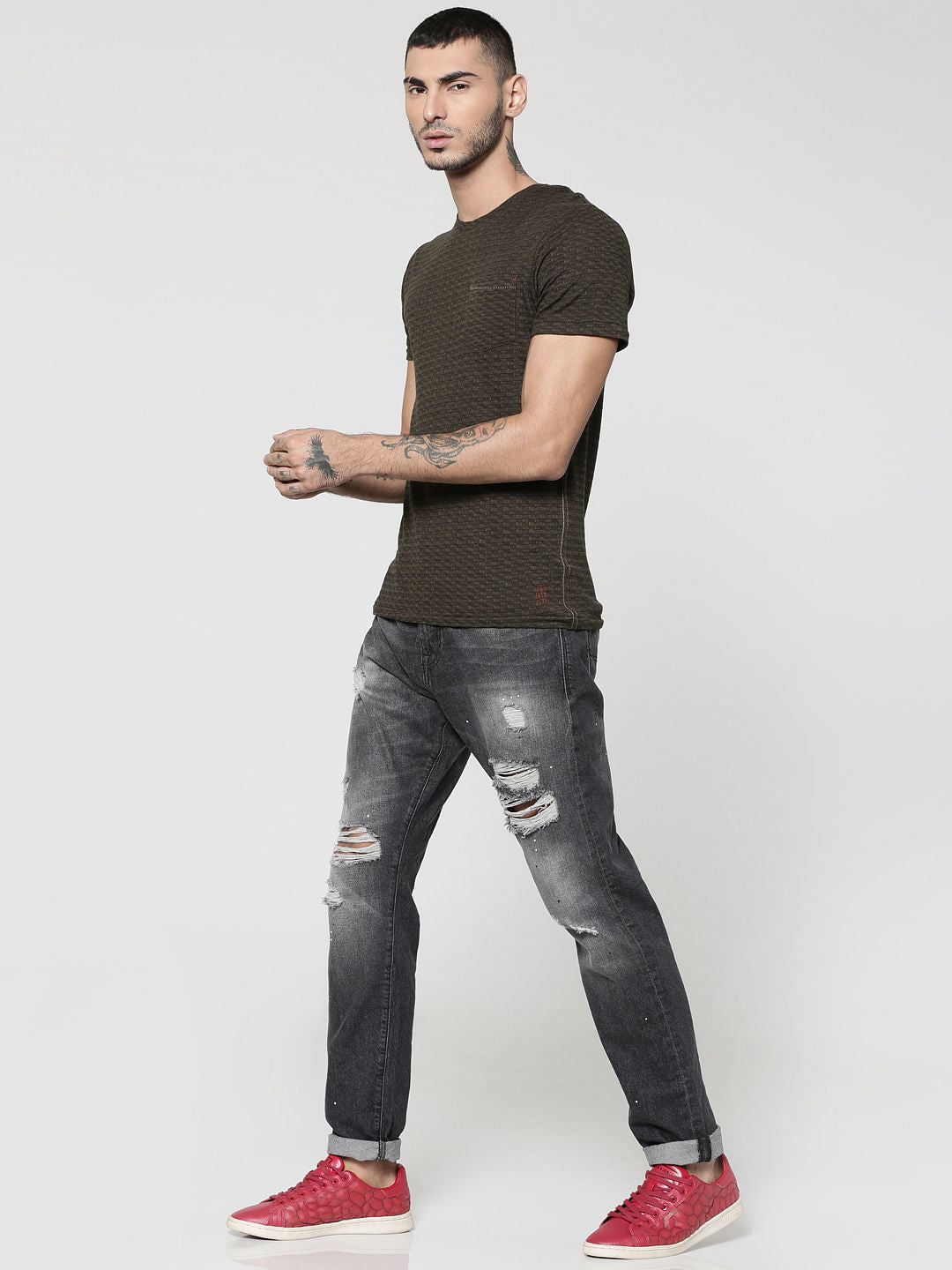 Dark Green Jacquard Crew Neck T-Shirt