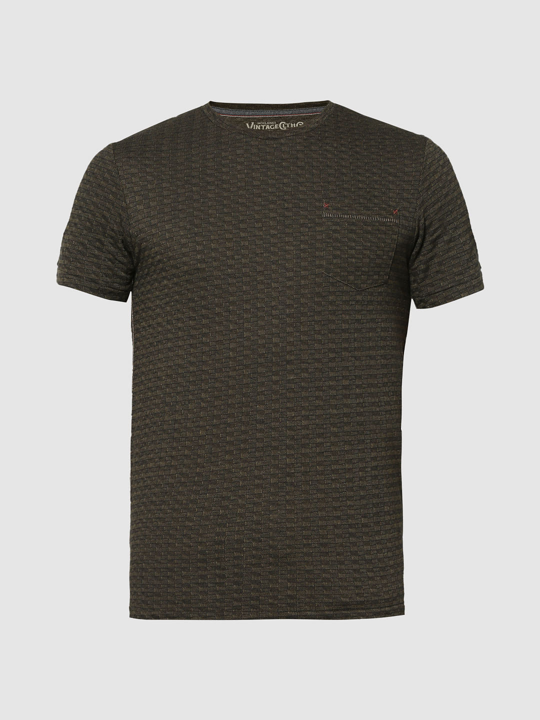 Dark Green Jacquard Crew Neck T-Shirt