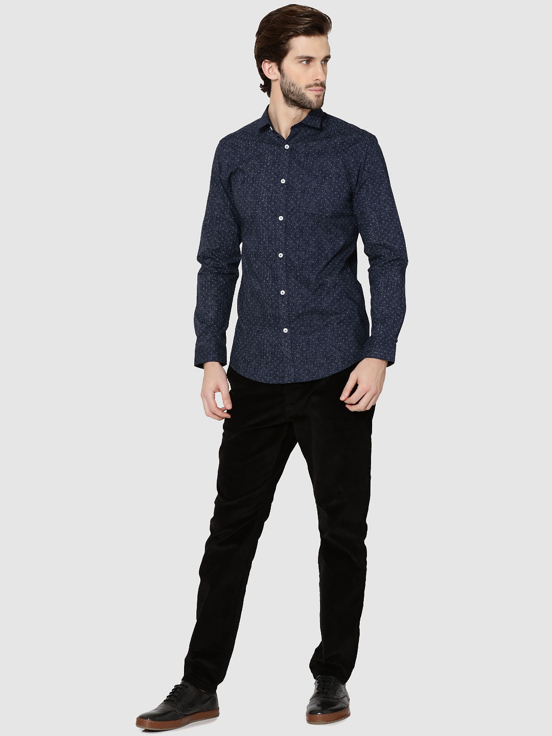 Dark Blue All Over Print Full Sleeves Slim Fit Shirt