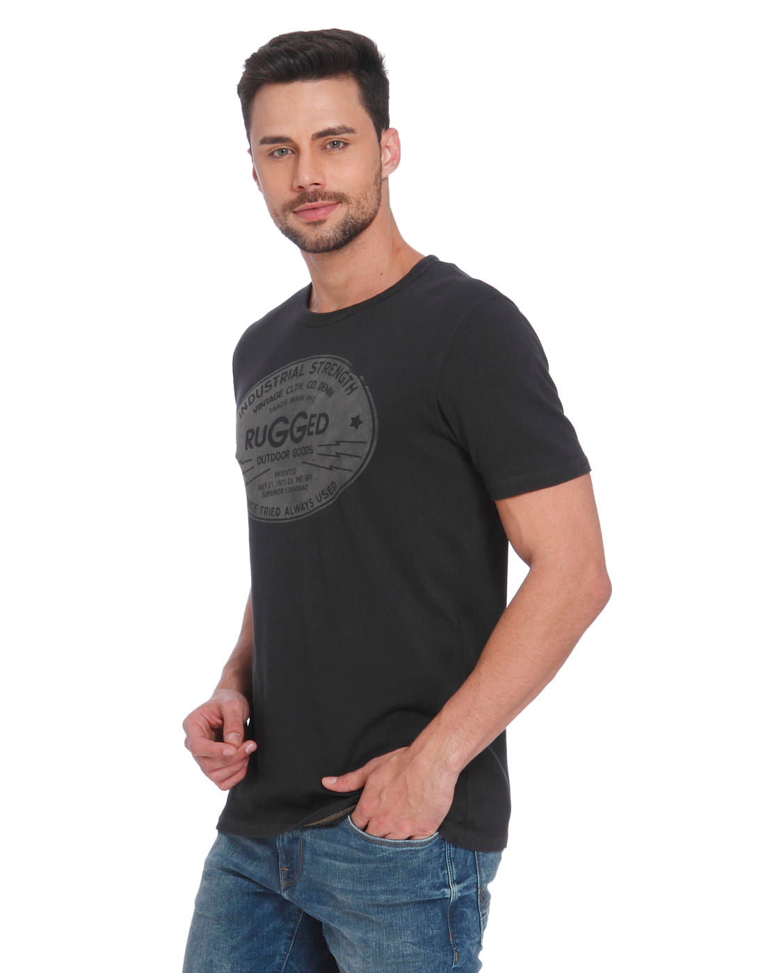 Black Text Print Crew Neck T-Shirt