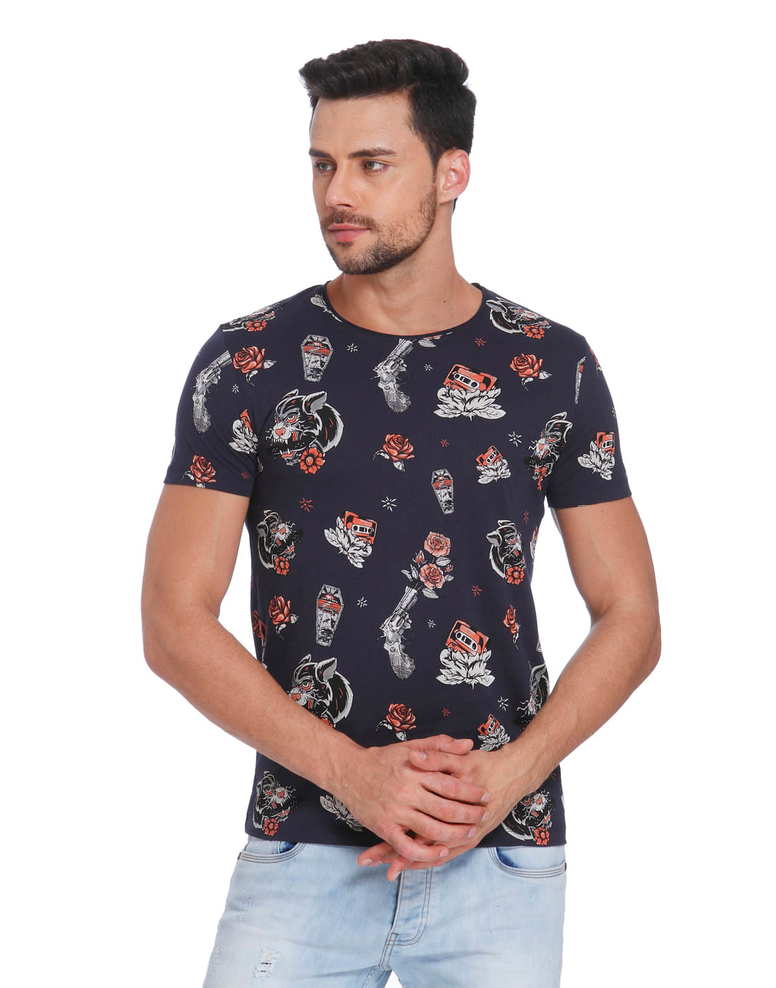 Blue All Over Print Crew Neck T-Shirt