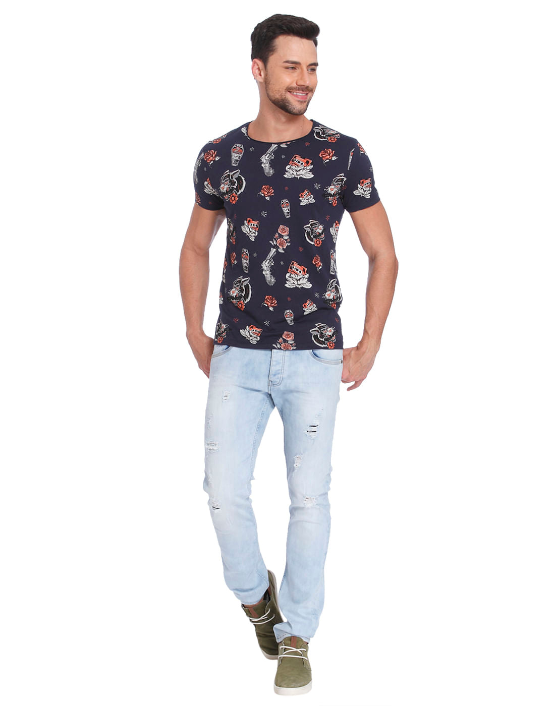 Blue All Over Print Crew Neck T-Shirt