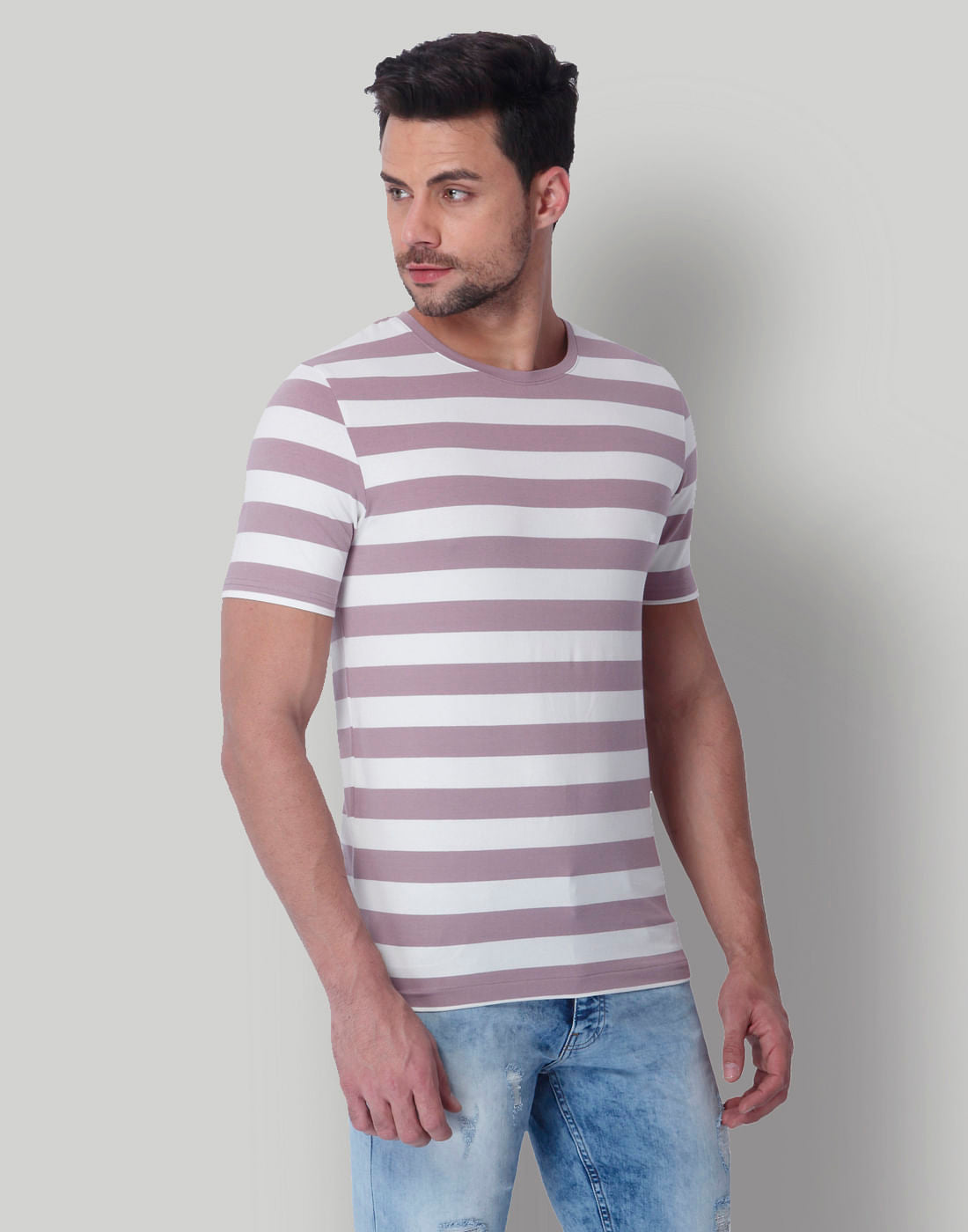 Mauve Striped Crew Neck T-Shirt