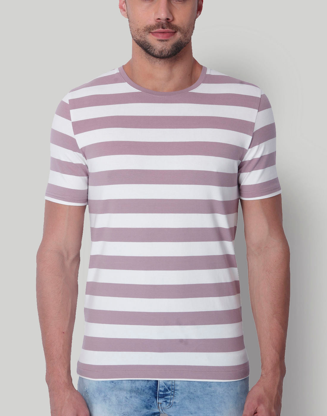 Mauve Striped Crew Neck T-Shirt