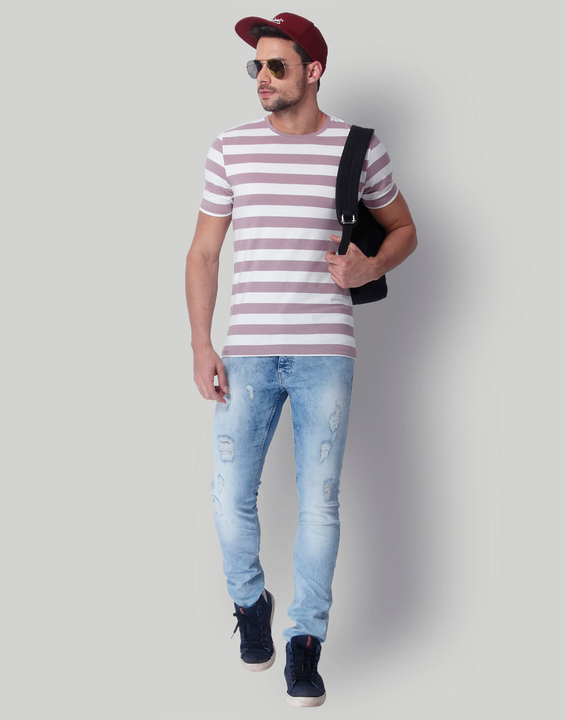 Mauve Striped Crew Neck T-Shirt
