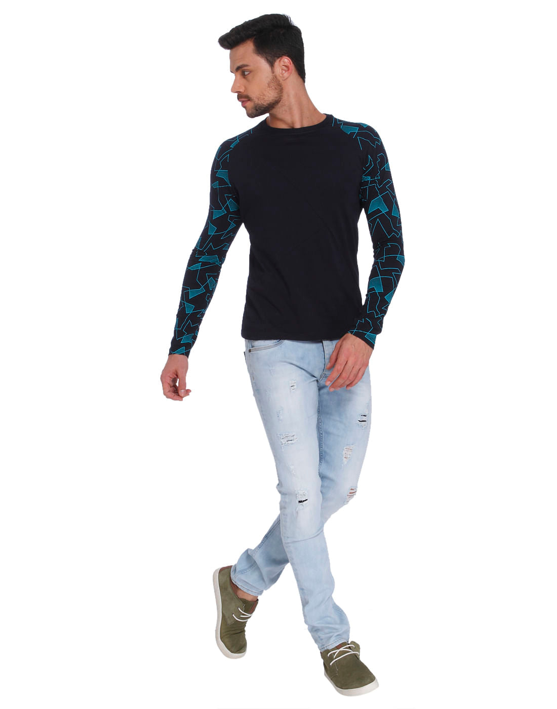 Dark Blue Printed Sleeved Crew Neck T-Shirt