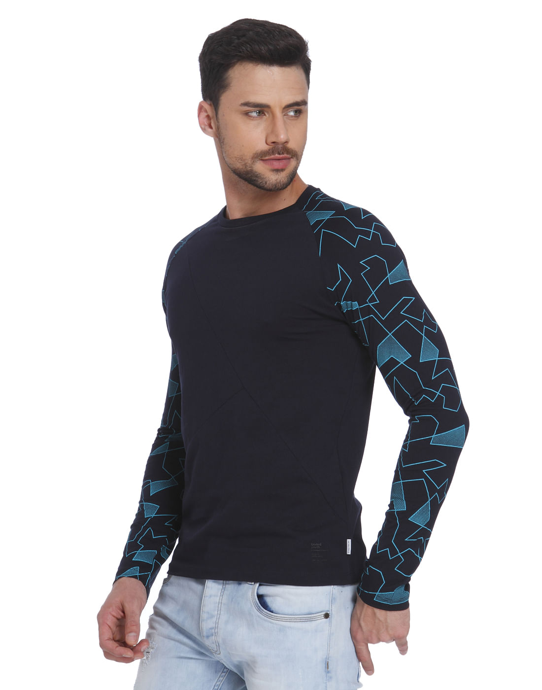 Dark Blue Printed Sleeved Crew Neck T-Shirt