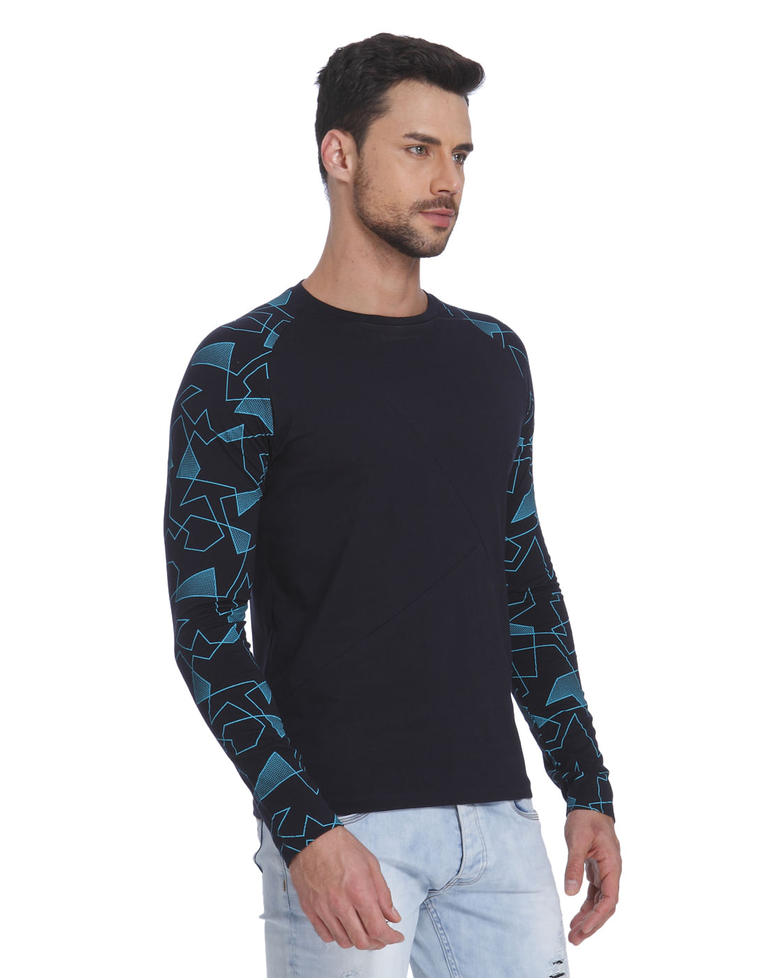Dark Blue Printed Sleeved Crew Neck T-Shirt