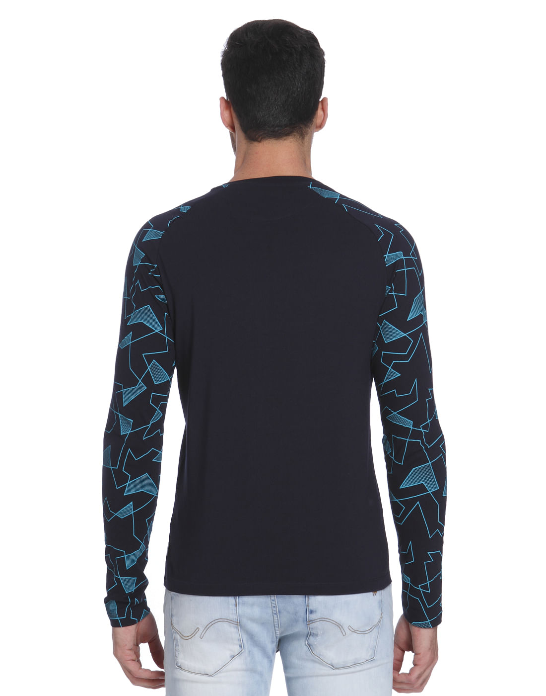 Dark Blue Printed Sleeved Crew Neck T-Shirt