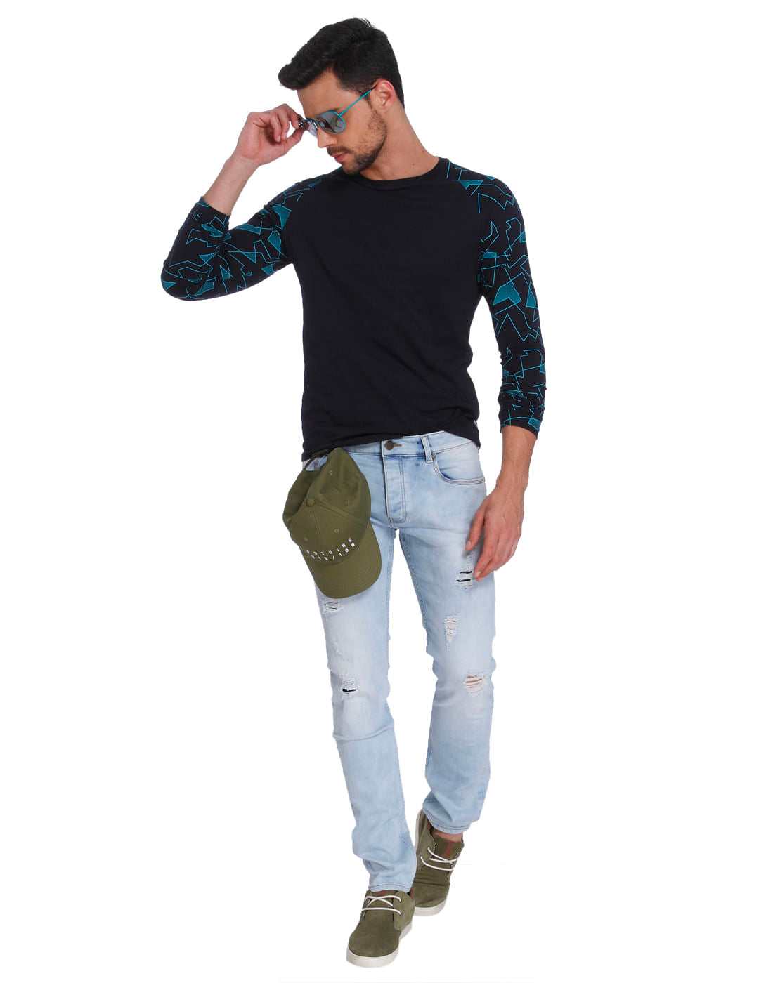 Dark Blue Printed Sleeved Crew Neck T-Shirt