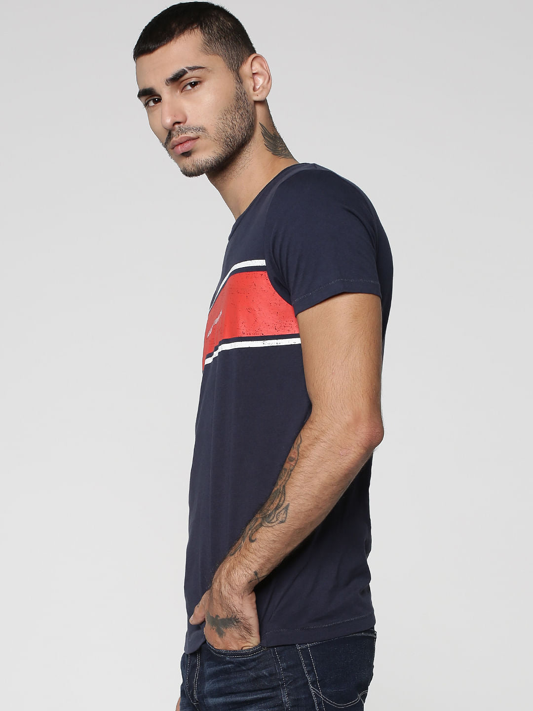 Dark Blue Colourblocked Crew Neck T-Shirt