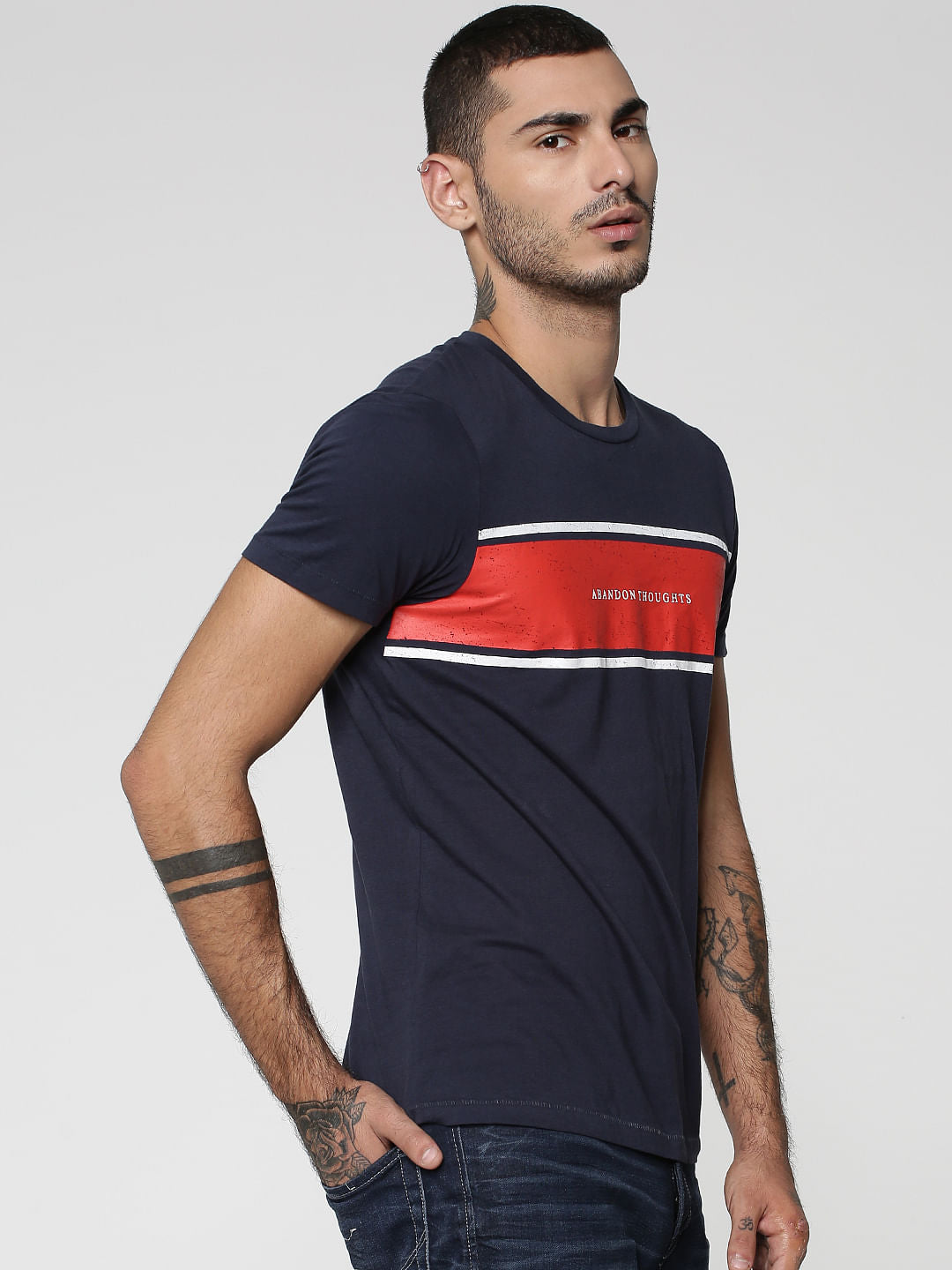 Dark Blue Colourblocked Crew Neck T-Shirt