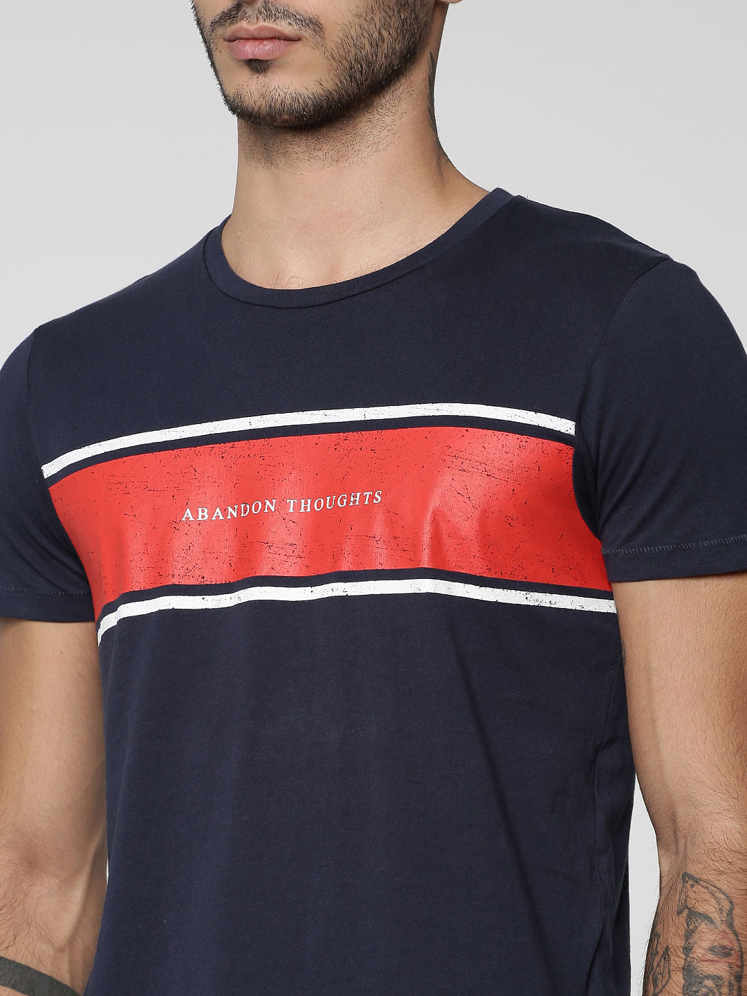 Dark Blue Colourblocked Crew Neck T-Shirt