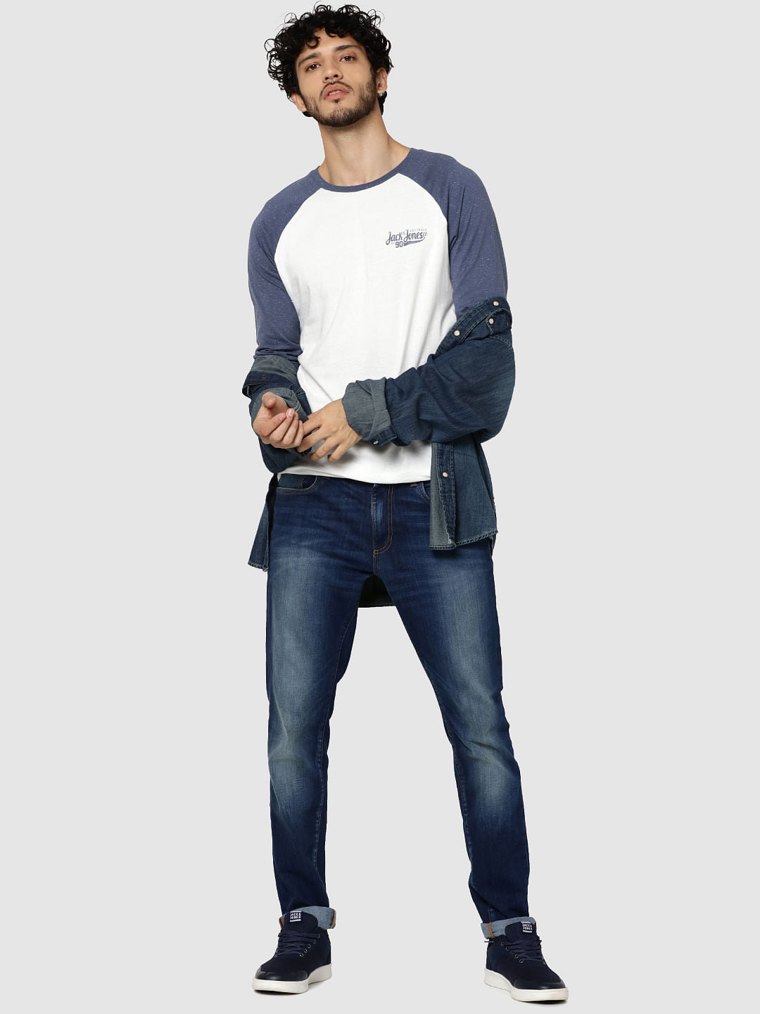 White & Blue Logo Print Full Sleeves Crew Neck T-Shirt