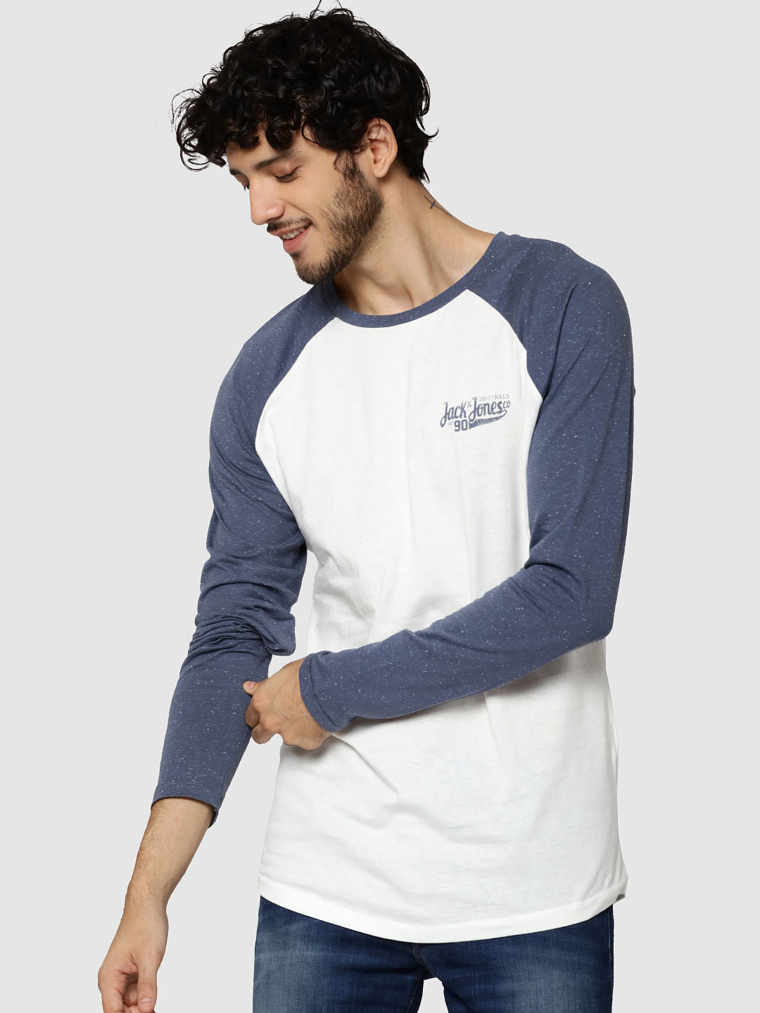 White & Blue Logo Print Full Sleeves Crew Neck T-Shirt