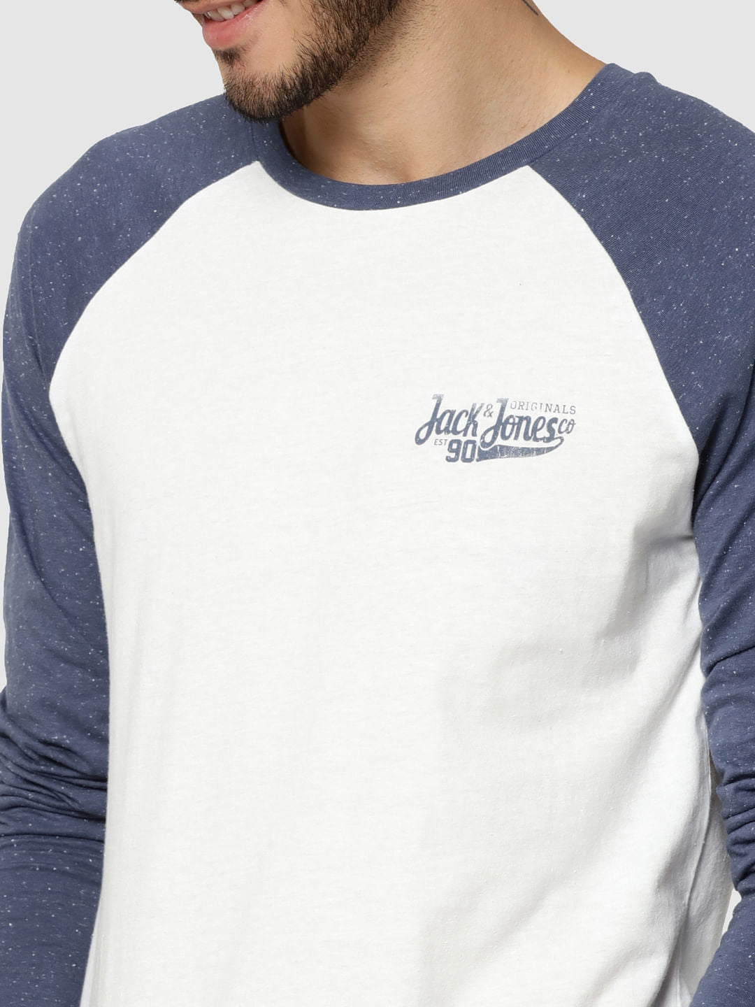 White & Blue Logo Print Full Sleeves Crew Neck T-Shirt