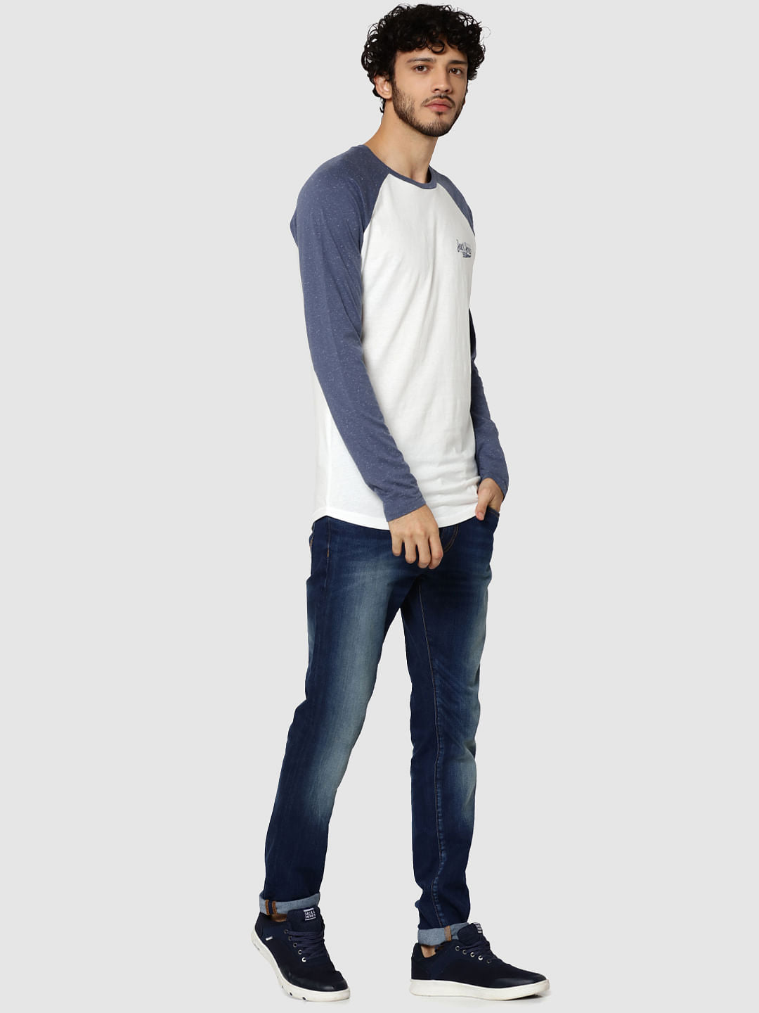 White & Blue Logo Print Full Sleeves Crew Neck T-Shirt