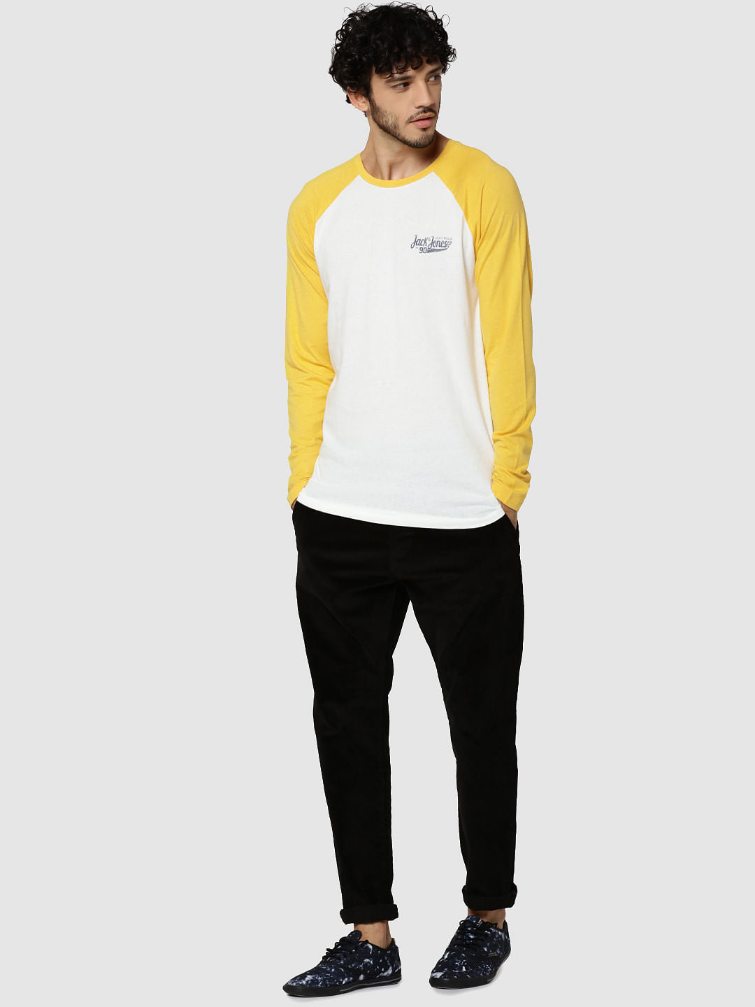 White & Yellow Logo Print Full Sleeves Crew Neck T-Shirt