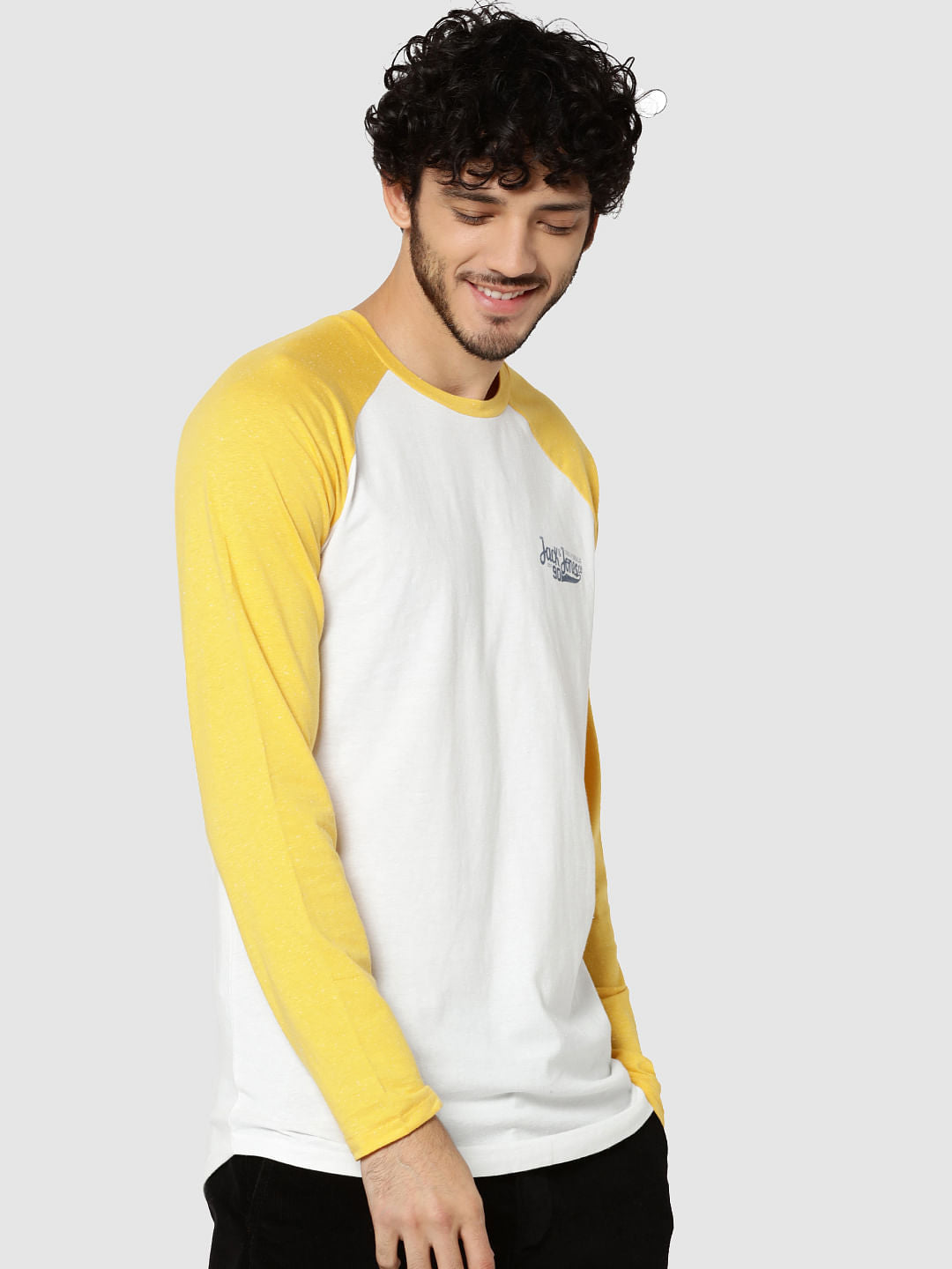 White & Yellow Logo Print Full Sleeves Crew Neck T-Shirt