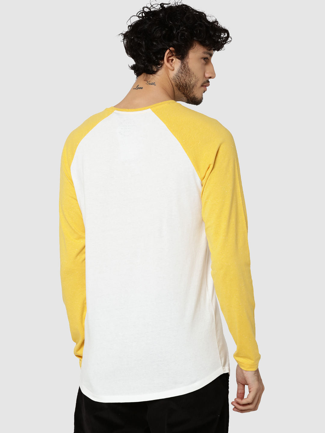 White & Yellow Logo Print Full Sleeves Crew Neck T-Shirt