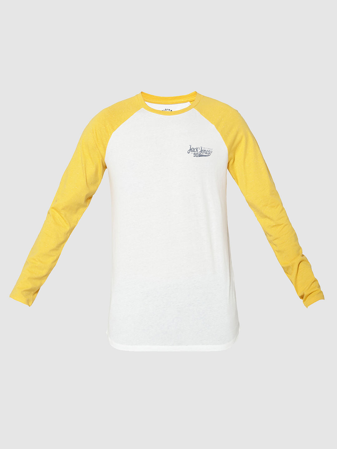 White & Yellow Logo Print Full Sleeves Crew Neck T-Shirt
