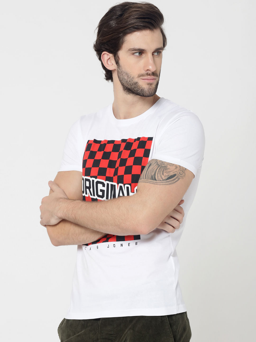 White Checkerboard Print Crew Neck T-Shirt
