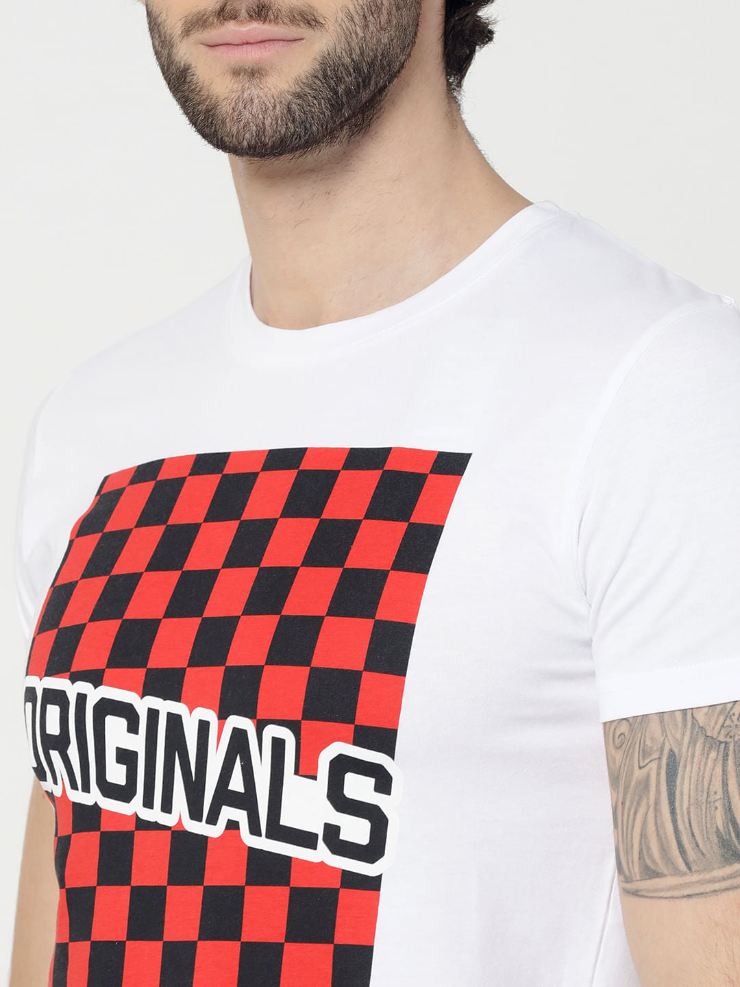 White Checkerboard Print Crew Neck T-Shirt