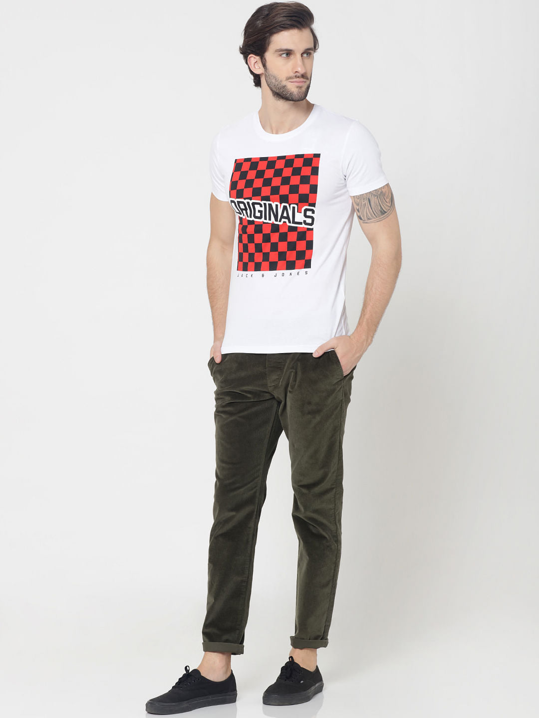 White Checkerboard Print Crew Neck T-Shirt