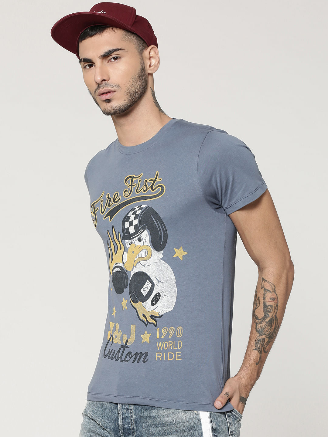 Grey Character Print Crew Neck T-Shirt