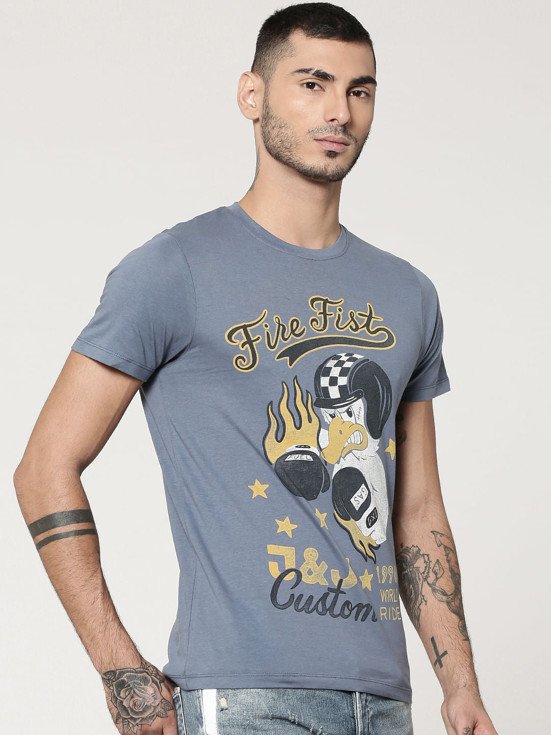 Grey Character Print Crew Neck T-Shirt