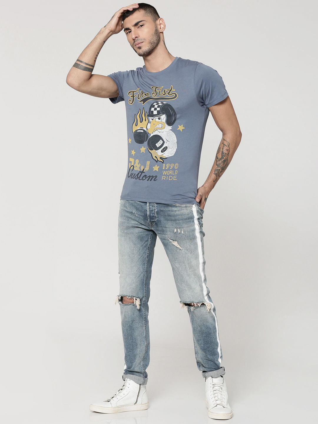 Grey Character Print Crew Neck T-Shirt