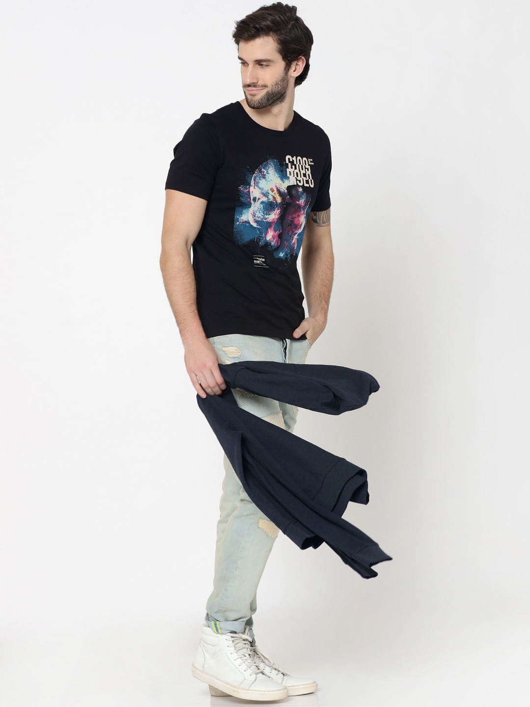 Black Skull Graphic Print Crew Neck T-Shirt