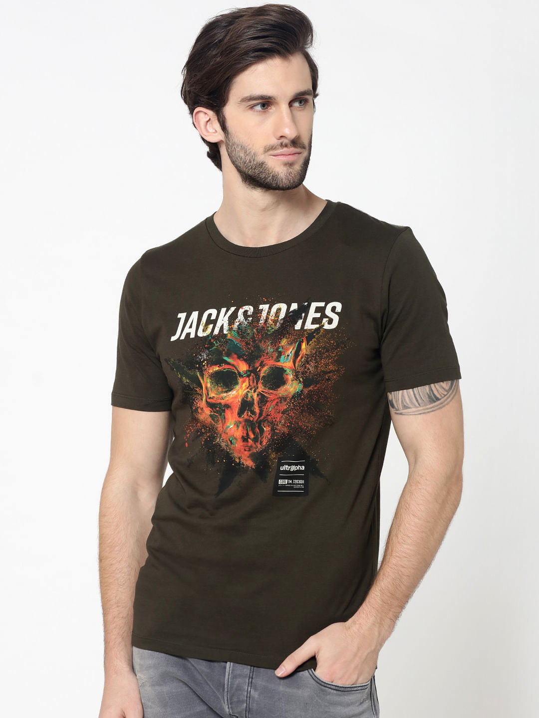 Olive Green Skull Graphic Print Crew Neck T-Shirt