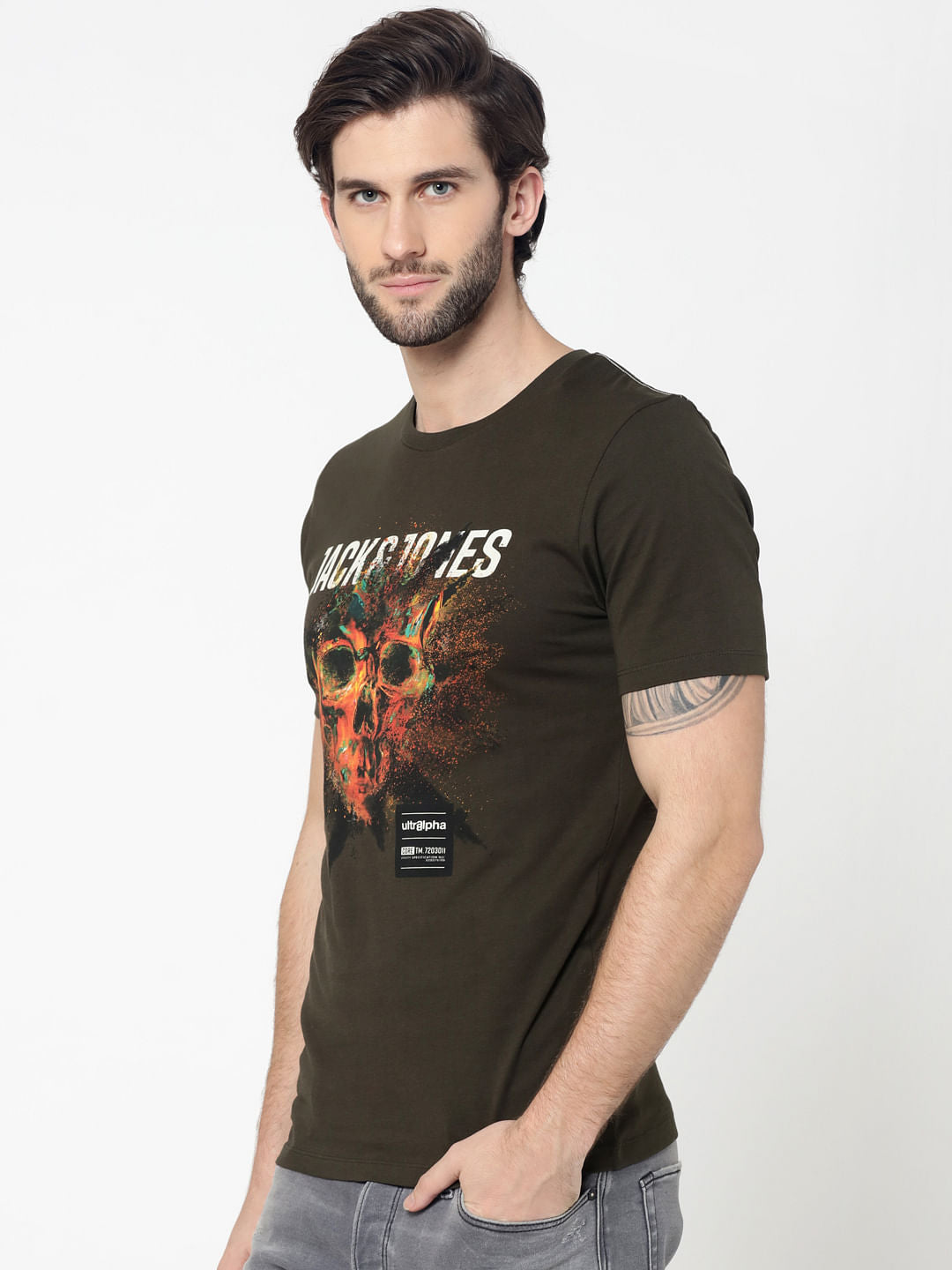Olive Green Skull Graphic Print Crew Neck T-Shirt