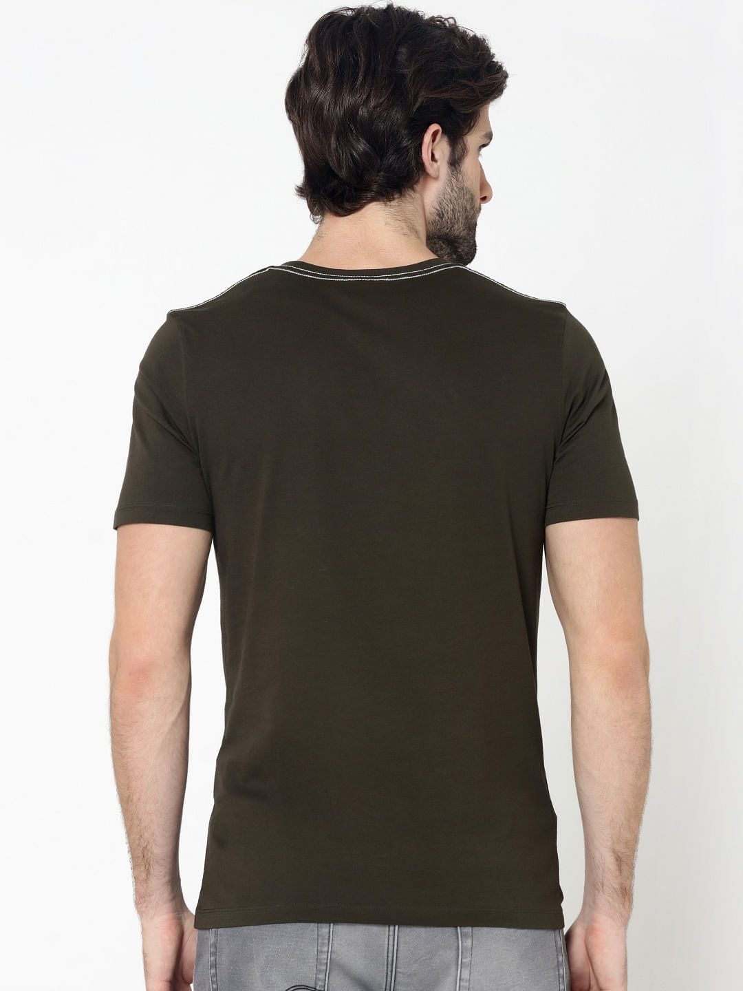 Olive Green Skull Graphic Print Crew Neck T-Shirt