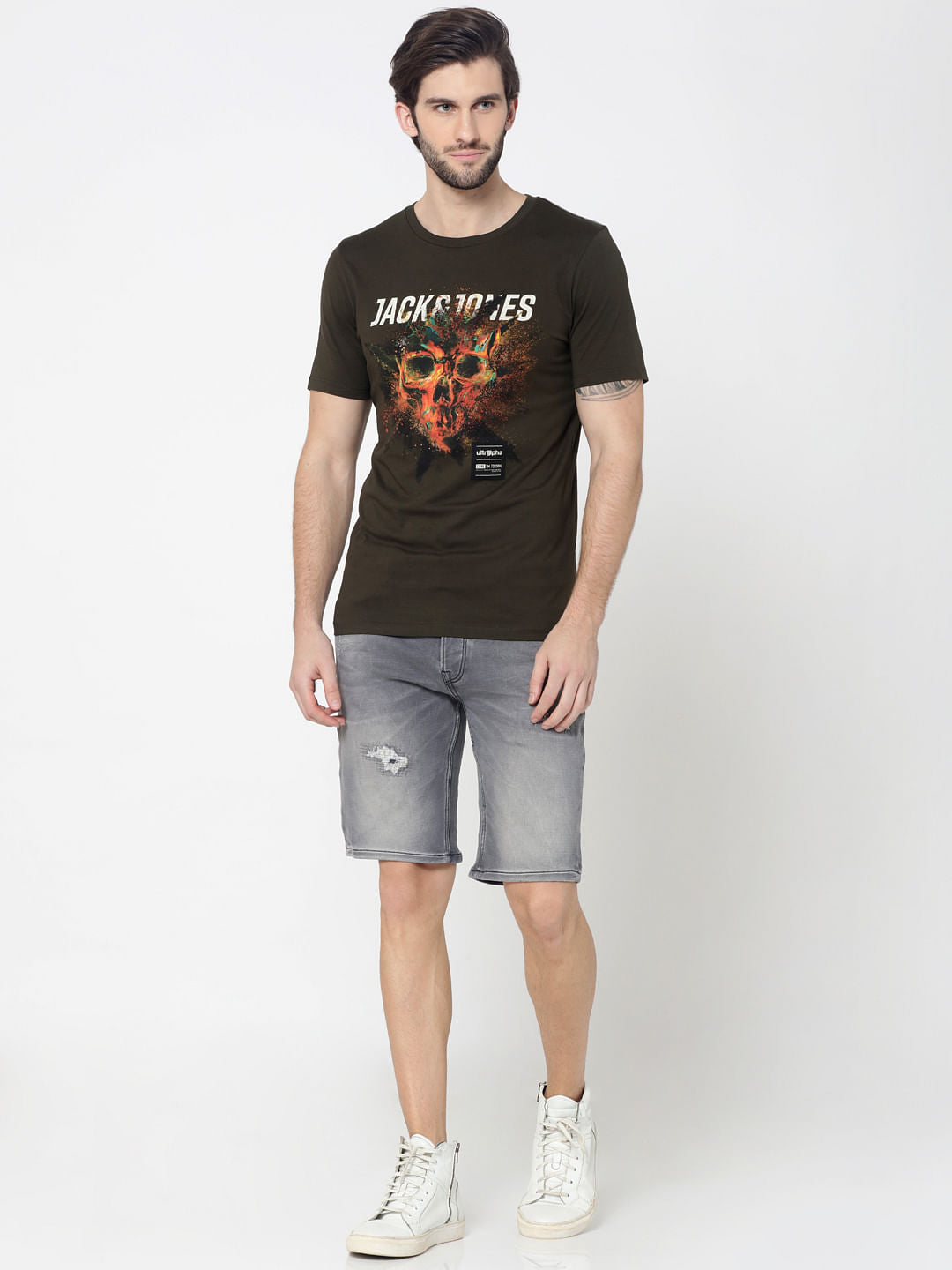 Olive Green Skull Graphic Print Crew Neck T-Shirt